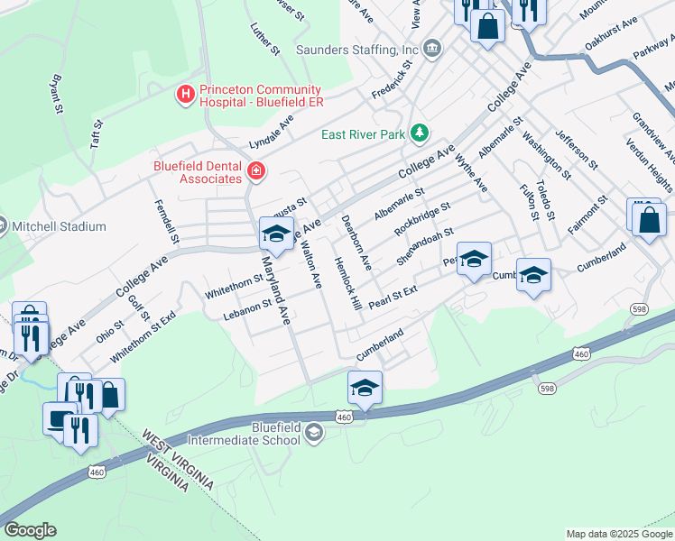 map of restaurants, bars, coffee shops, grocery stores, and more near 2100 Hemlock Hill in Bluefield
