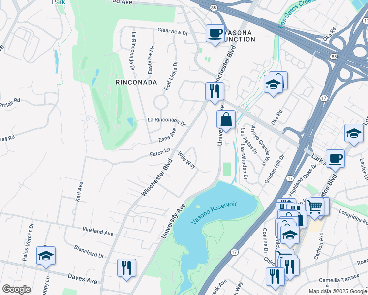 map of restaurants, bars, coffee shops, grocery stores, and more near 17131 Summit Way in Los Gatos