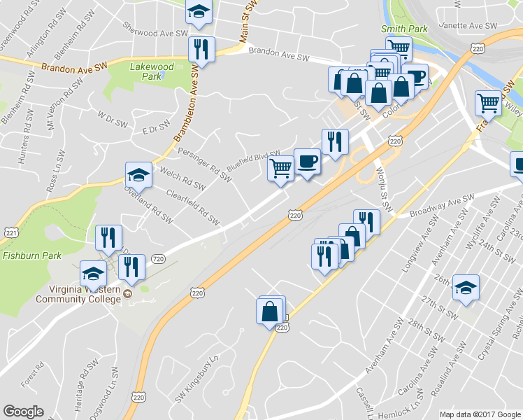 map of restaurants, bars, coffee shops, grocery stores, and more near 2778 Colonial Avenue Southwest in Roanoke