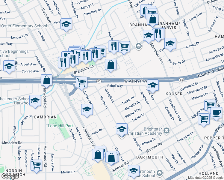 map of restaurants, bars, coffee shops, grocery stores, and more near 5059 Rebel Court in San Jose