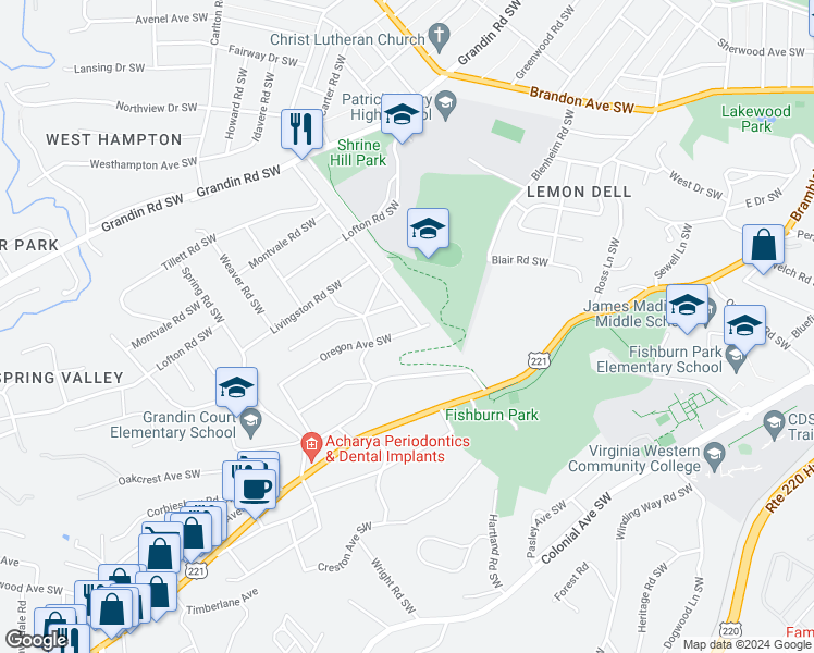 map of restaurants, bars, coffee shops, grocery stores, and more near 2409 Oregon Avenue Southwest in Roanoke
