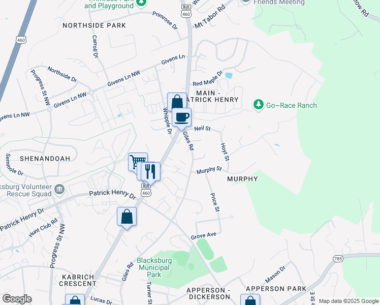 map of restaurants, bars, coffee shops, grocery stores, and more near 1315 Giles Road in Blacksburg