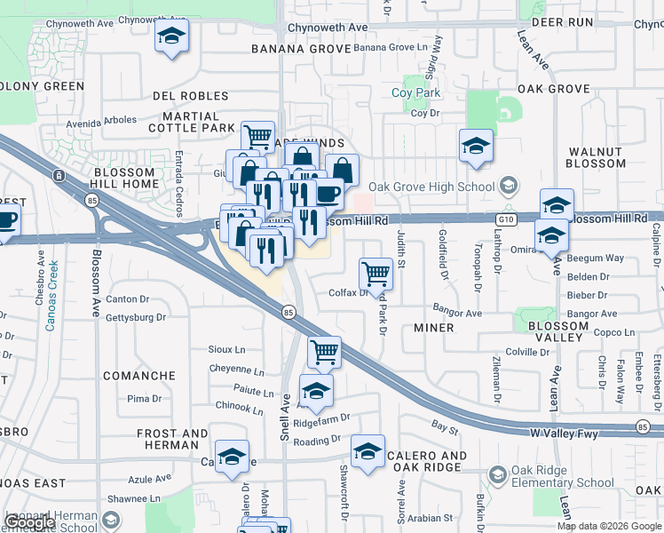 map of restaurants, bars, coffee shops, grocery stores, and more near 5683 Keymar Drive in San Jose