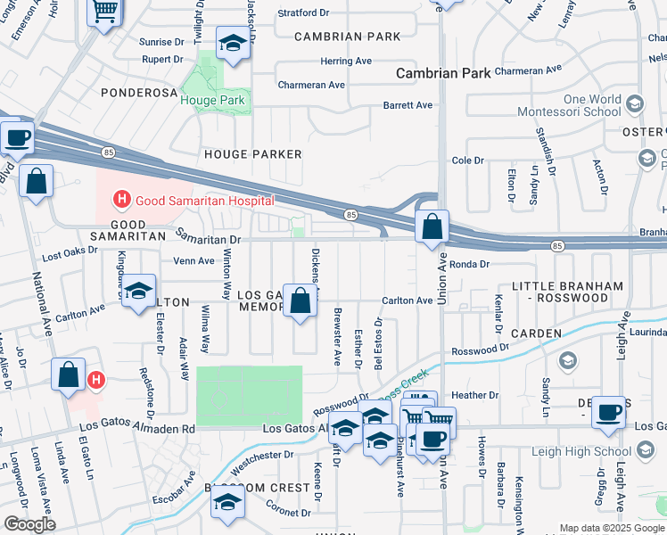 map of restaurants, bars, coffee shops, grocery stores, and more near 15077 Brewster Avenue in San Jose