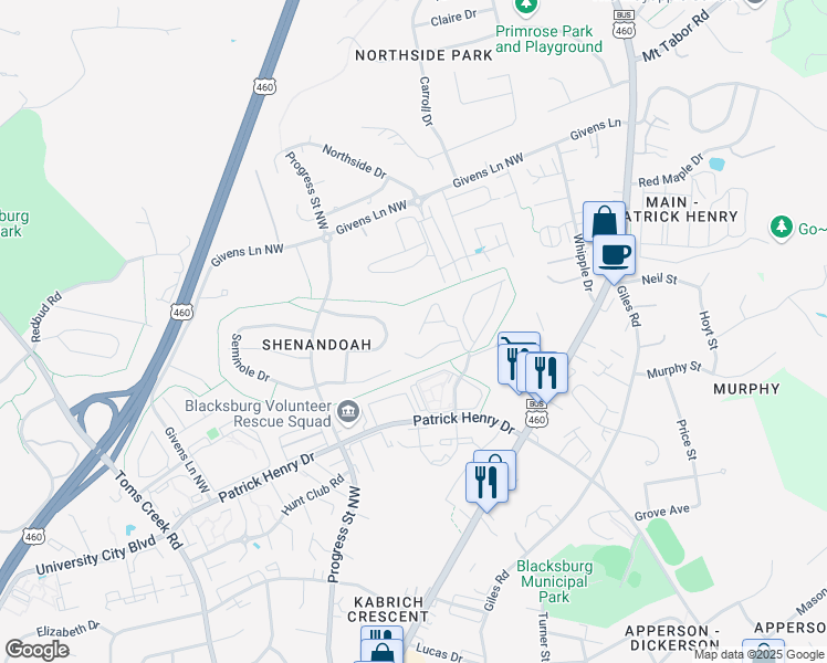map of restaurants, bars, coffee shops, grocery stores, and more near 317 Pheasant Run Court in Blacksburg