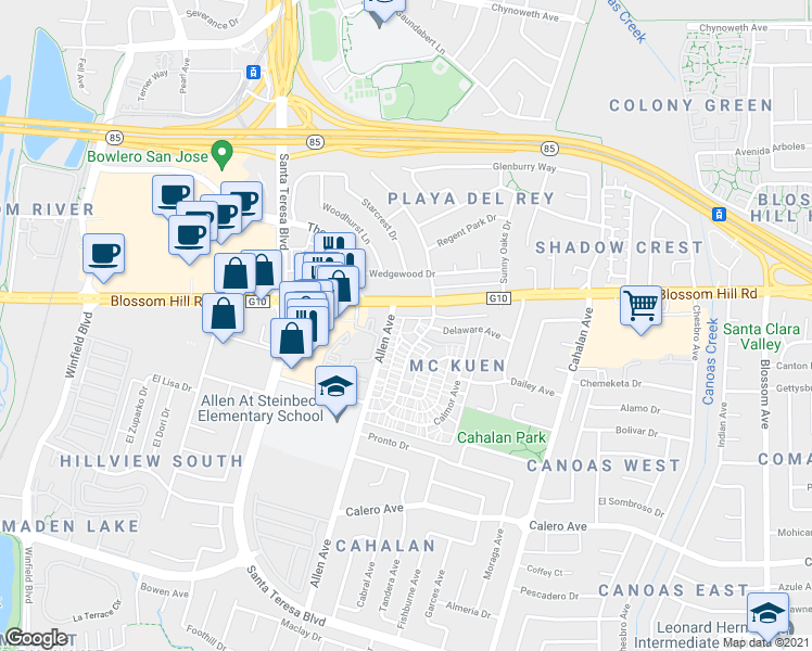 map of restaurants, bars, coffee shops, grocery stores, and more near 5629 Playa Del Rey Court in San Jose