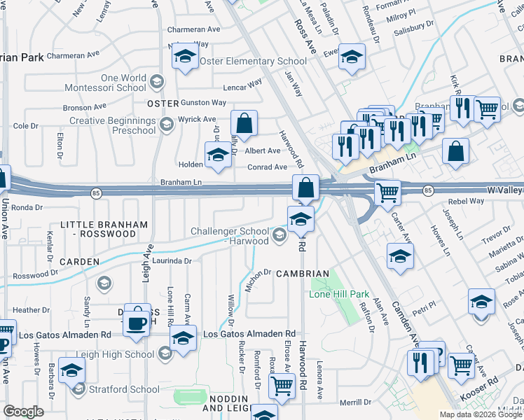 map of restaurants, bars, coffee shops, grocery stores, and more near 4830 Basswood Court in San Jose