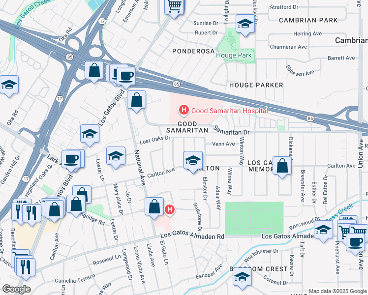 map of restaurants, bars, coffee shops, grocery stores, and more near 4831 Kingdale Dr in San Jose
