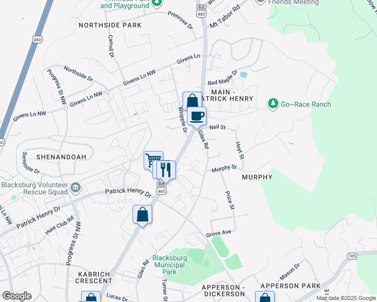 map of restaurants, bars, coffee shops, grocery stores, and more near 1508 U.S. 460 Business in Blacksburg