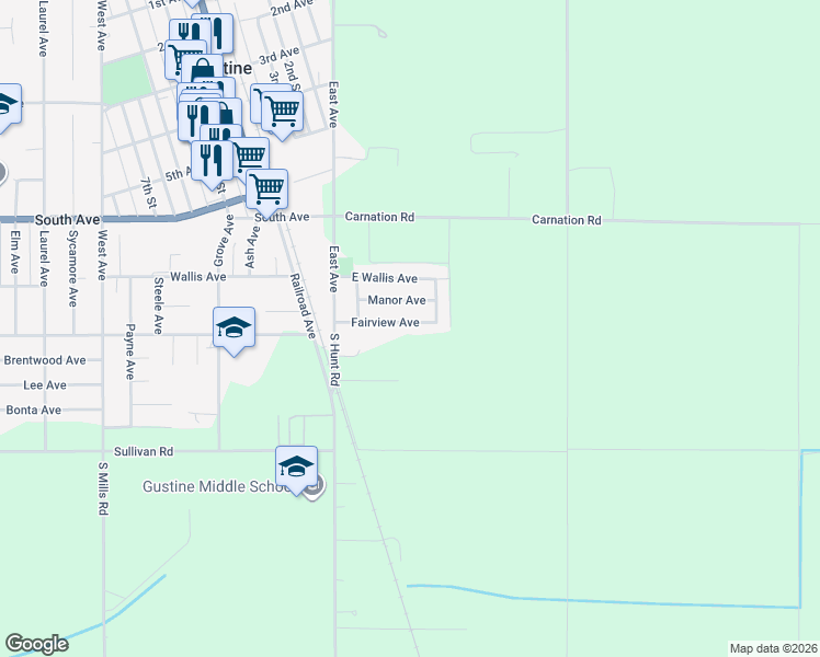 map of restaurants, bars, coffee shops, grocery stores, and more near 36 Fairview Avenue in Gustine
