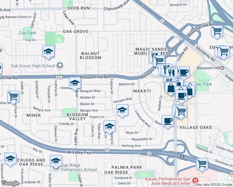 map of restaurants, bars, coffee shops, grocery stores, and more near 181 Manton Drive in San Jose