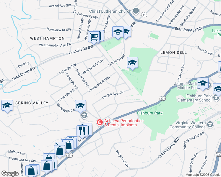 map of restaurants, bars, coffee shops, grocery stores, and more near 2512 Alberta Avenue Southwest in Roanoke