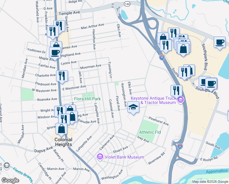 map of restaurants, bars, coffee shops, grocery stores, and more near 906 Floral Avenue in Colonial Heights