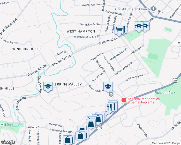 map of restaurants, bars, coffee shops, grocery stores, and more near 2835 Tillett Road Southwest in Roanoke