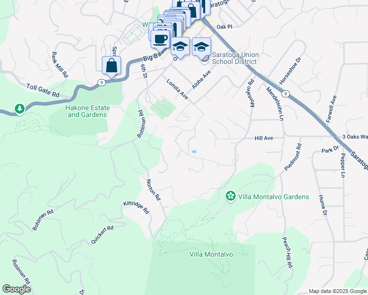 map of restaurants, bars, coffee shops, grocery stores, and more near 20605 Montalvo Heights Drive in Saratoga