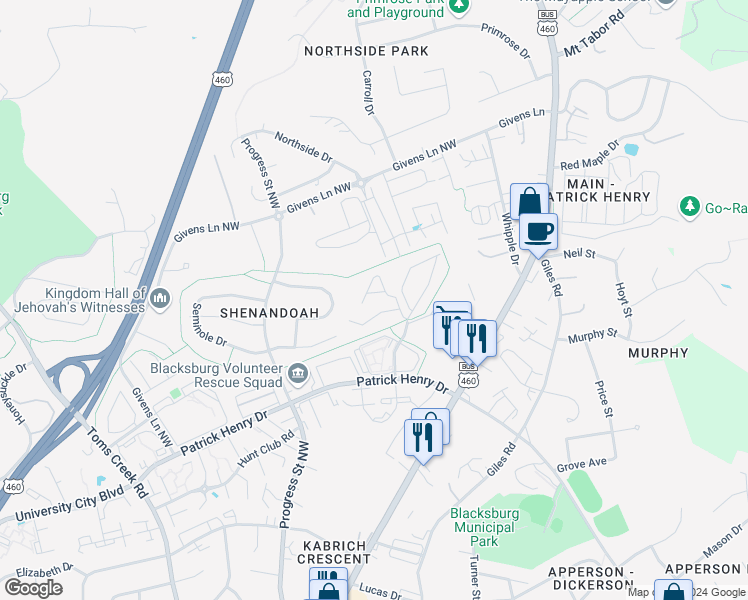 map of restaurants, bars, coffee shops, grocery stores, and more near 313 Pheasant Run Court in Blacksburg
