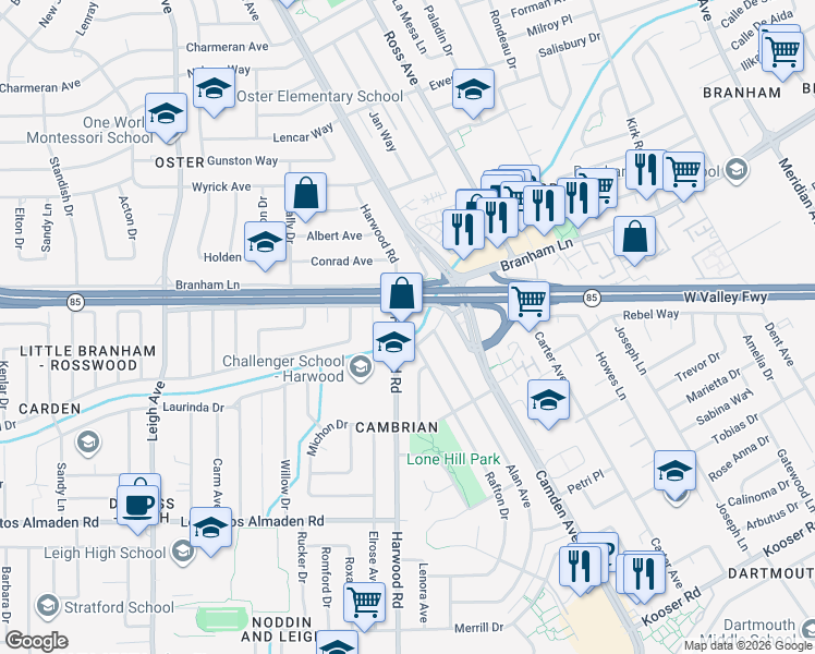 map of restaurants, bars, coffee shops, grocery stores, and more near 4846 Harwood Road in San Jose