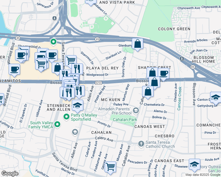 map of restaurants, bars, coffee shops, grocery stores, and more near 791 Delaware Avenue in San Jose
