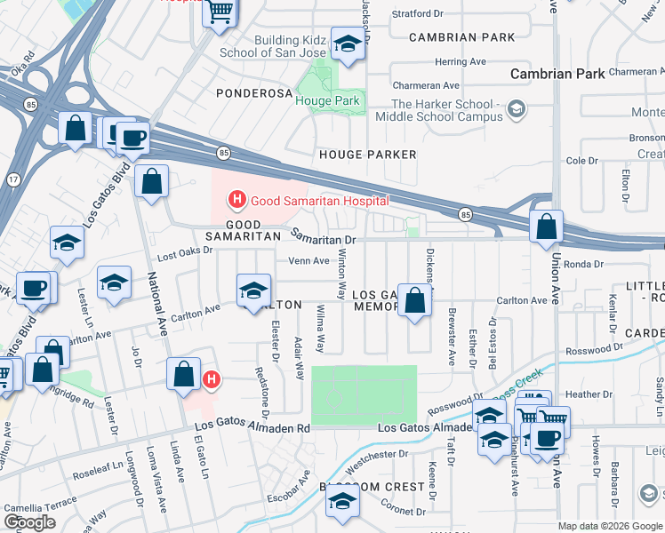map of restaurants, bars, coffee shops, grocery stores, and more near 2322 Venn Avenue in San Jose