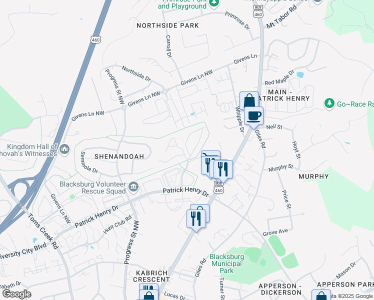 map of restaurants, bars, coffee shops, grocery stores, and more near 206 Janie Lane in Blacksburg