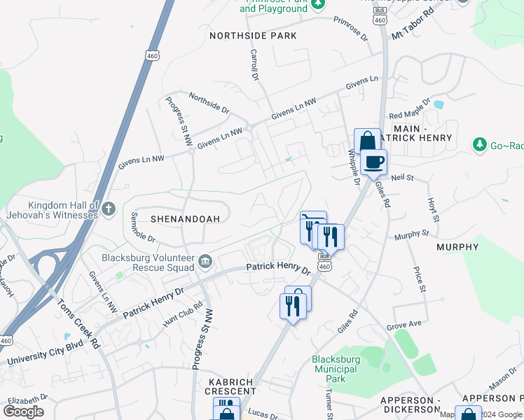 map of restaurants, bars, coffee shops, grocery stores, and more near 307 Pheasant Run Court in Blacksburg
