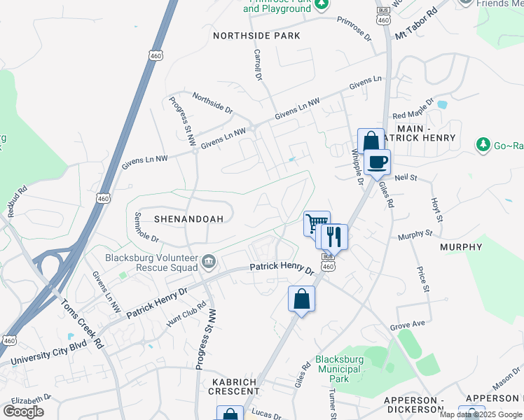 map of restaurants, bars, coffee shops, grocery stores, and more near 212 Pheasant Run Drive in Blacksburg