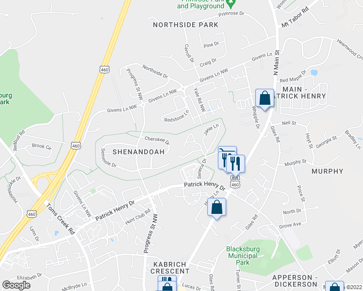 map of restaurants, bars, coffee shops, grocery stores, and more near 317 Pheasant Run Court in Blacksburg