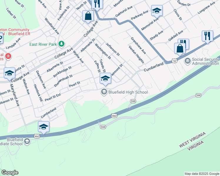map of restaurants, bars, coffee shops, grocery stores, and more near 560 West Cumberland Road in Bluefield