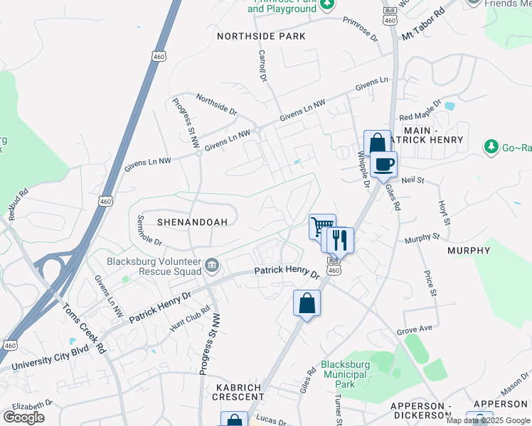 map of restaurants, bars, coffee shops, grocery stores, and more near 315 Pheasant Run Court in Blacksburg