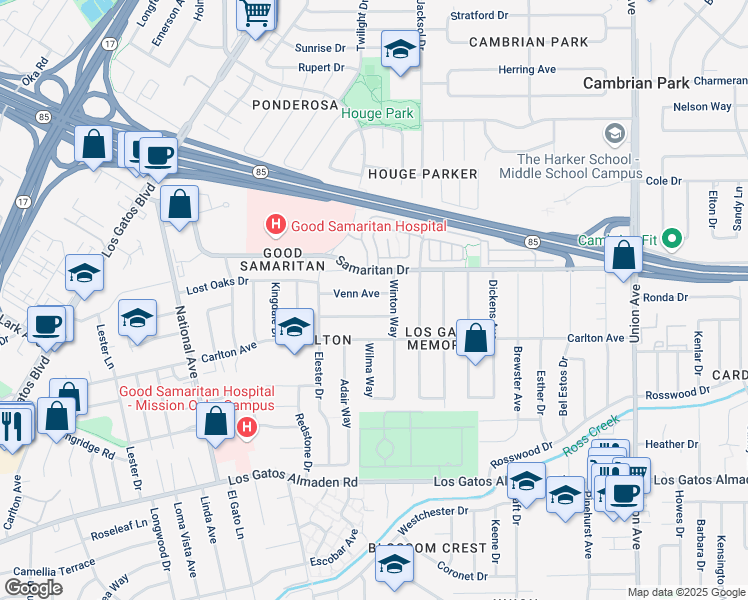 map of restaurants, bars, coffee shops, grocery stores, and more near 2322 Venn Avenue in San Jose