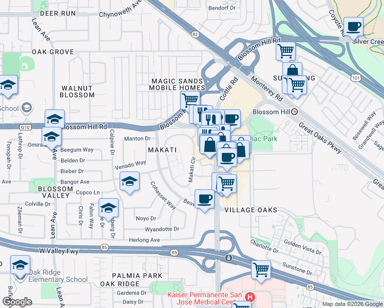 map of restaurants, bars, coffee shops, grocery stores, and more near 5274 Makati Circle in San Jose