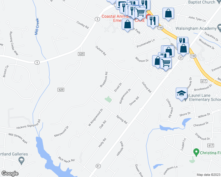 map of restaurants, bars, coffee shops, grocery stores, and more near 117 Druid Drive in Williamsburg