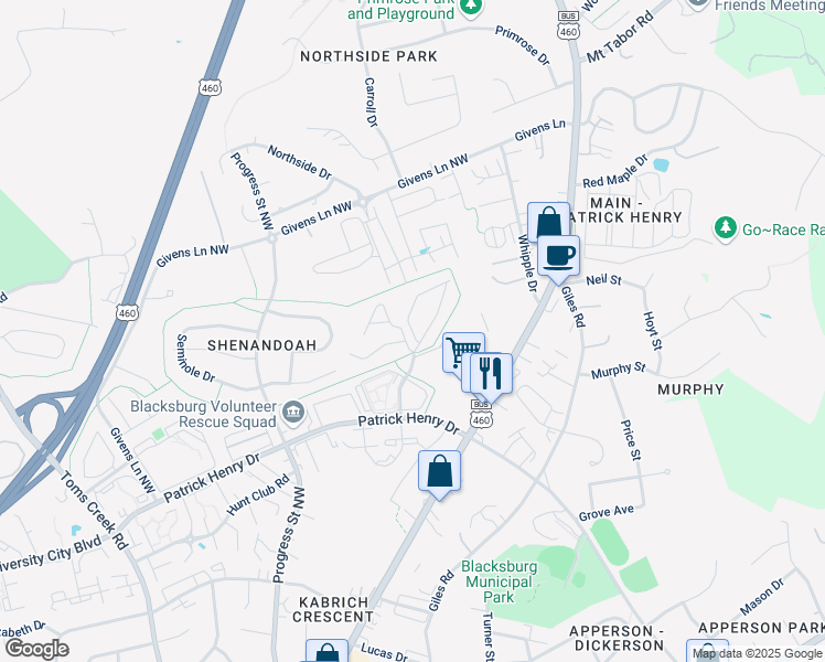 map of restaurants, bars, coffee shops, grocery stores, and more near 206 Janie Lane in Blacksburg