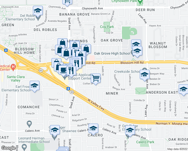 map of restaurants, bars, coffee shops, grocery stores, and more near 5672 Enning Avenue in San Jose