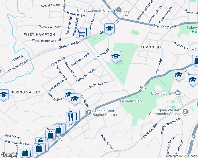 map of restaurants, bars, coffee shops, grocery stores, and more near 2502 Alberta Avenue Southwest in Roanoke