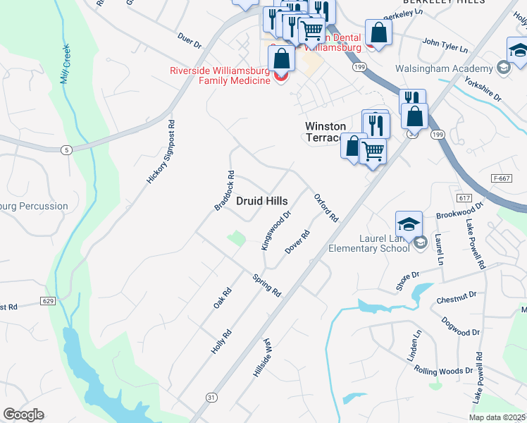 map of restaurants, bars, coffee shops, grocery stores, and more near 114 Druid Drive in Williamsburg