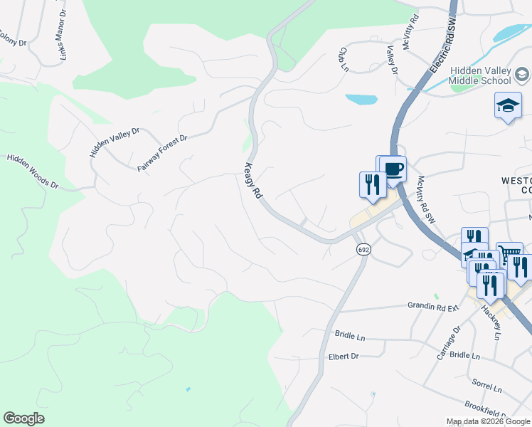 map of restaurants, bars, coffee shops, grocery stores, and more near 4708 Hickory Hill Drive in Cave Spring