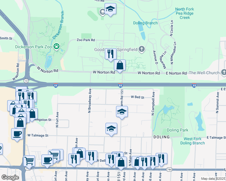 map of restaurants, bars, coffee shops, grocery stores, and more near 800 West Evergreen Street in Springfield