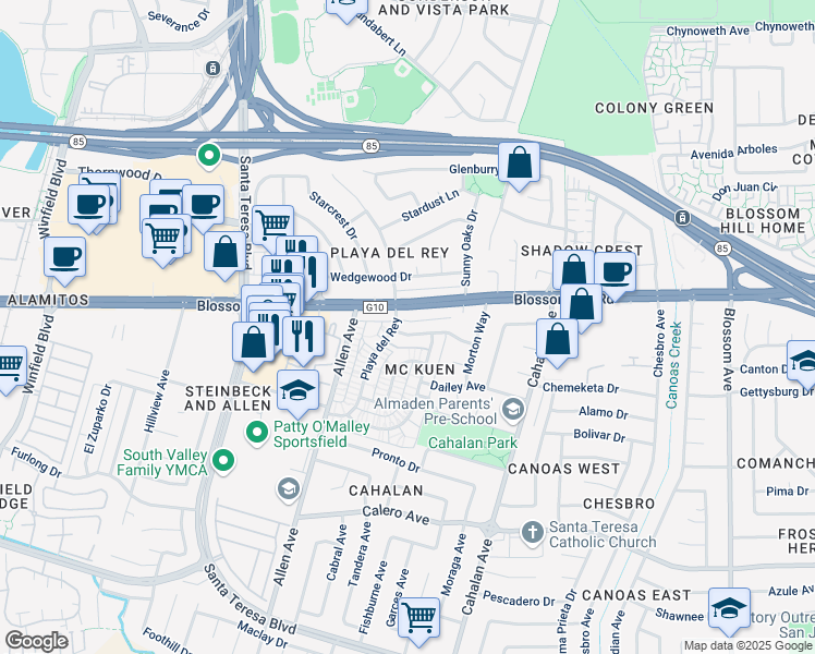 map of restaurants, bars, coffee shops, grocery stores, and more near 791 Delaware Avenue in San Jose