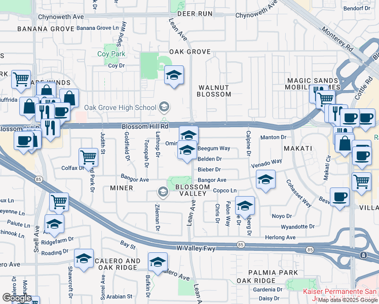 map of restaurants, bars, coffee shops, grocery stores, and more near 5629 Lean Avenue in San Jose