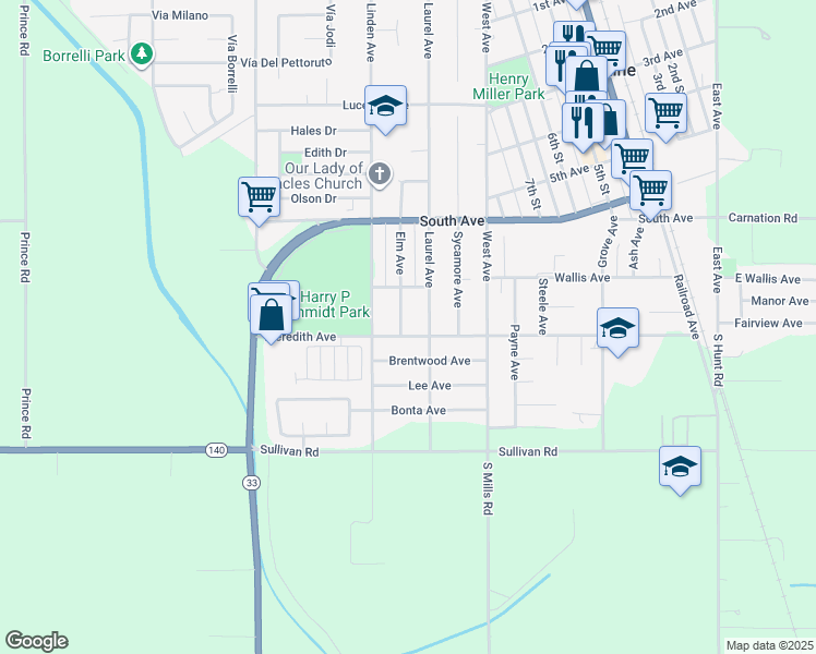 map of restaurants, bars, coffee shops, grocery stores, and more near 1080 Elm Avenue in Gustine