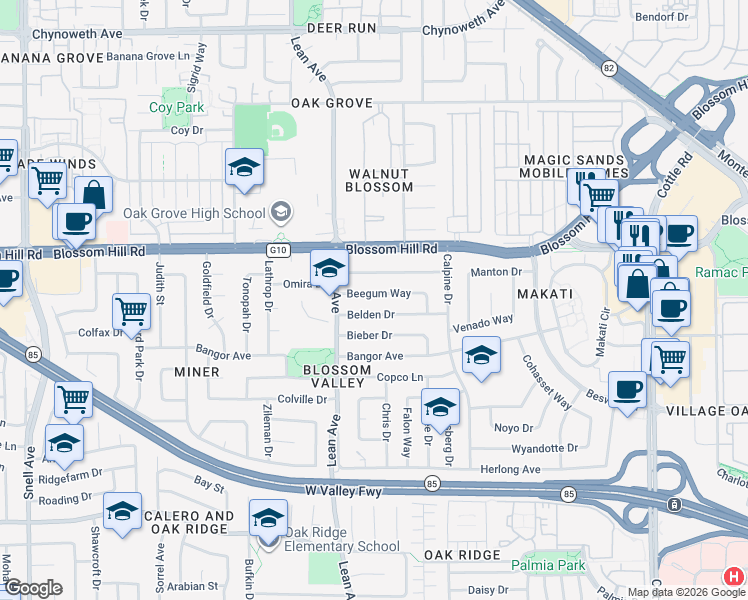 map of restaurants, bars, coffee shops, grocery stores, and more near 244 Beegum Way in San Jose