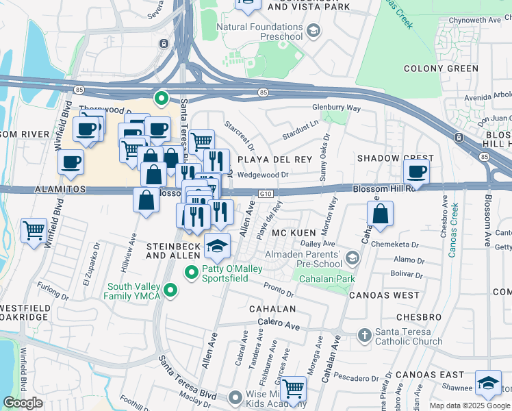 map of restaurants, bars, coffee shops, grocery stores, and more near 5614 Allen Avenue in San Jose