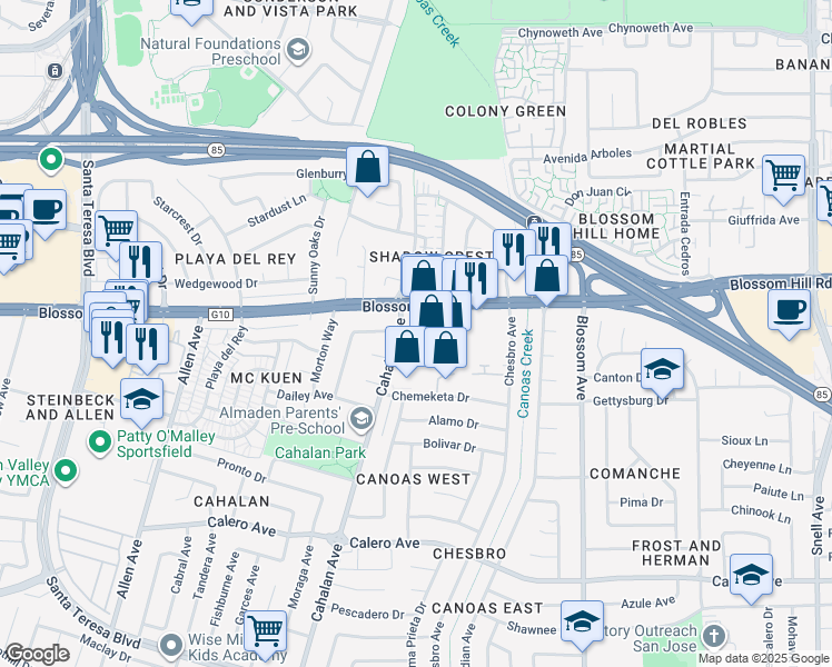 map of restaurants, bars, coffee shops, grocery stores, and more near 680 Blossom Hill Road in San Jose
