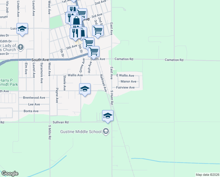 map of restaurants, bars, coffee shops, grocery stores, and more near 1017 East Avenue in Gustine
