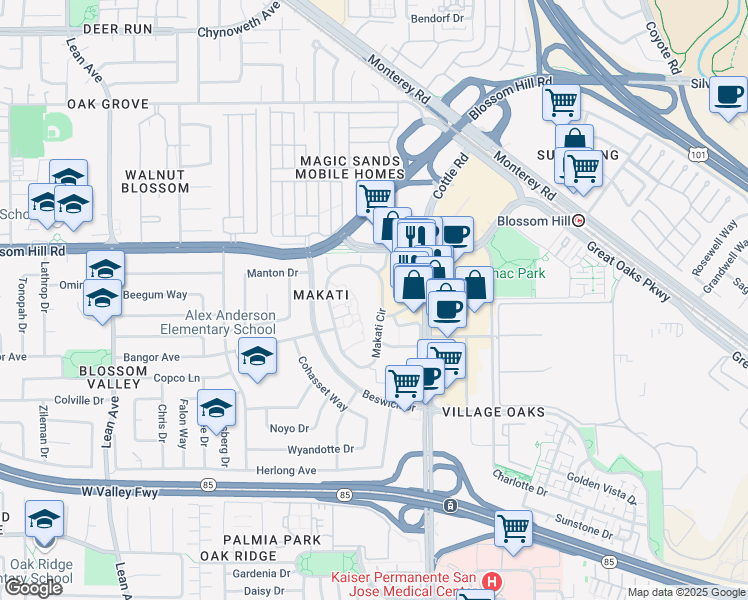 map of restaurants, bars, coffee shops, grocery stores, and more near 5262 Makati Circle in San Jose