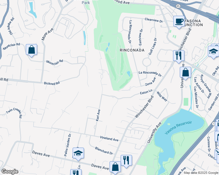 map of restaurants, bars, coffee shops, grocery stores, and more near 17620 Fairway Circle in Monte Sereno