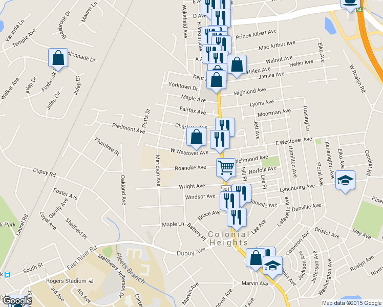 map of restaurants, bars, coffee shops, grocery stores, and more near 161 West Westover Avenue in Colonial Heights