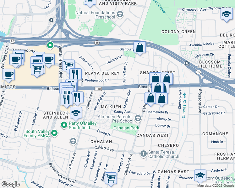 map of restaurants, bars, coffee shops, grocery stores, and more near 763 Delaware Avenue in San Jose