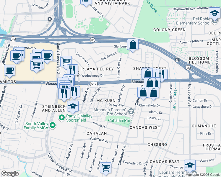 map of restaurants, bars, coffee shops, grocery stores, and more near 763 Delaware Avenue in San Jose